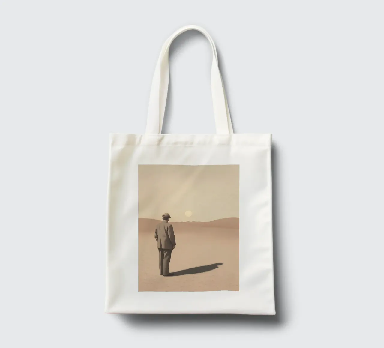Shadow in the desert - Minimalist scene with man tote bag by Nikis Art Studio