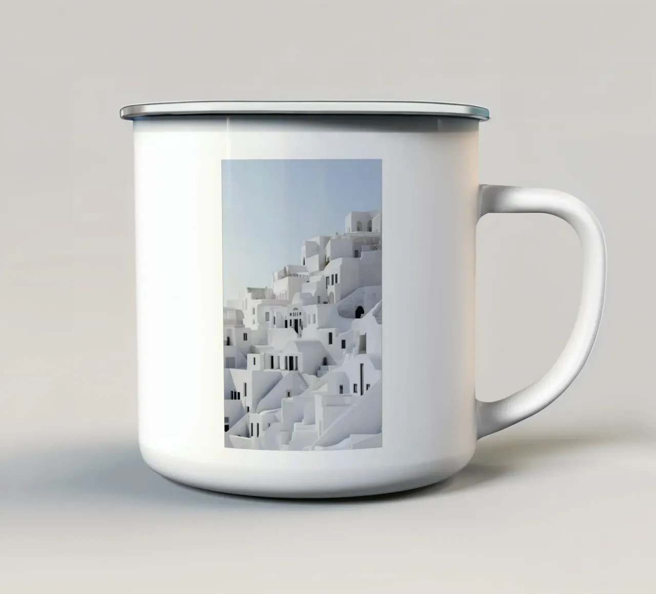 Architettura Santorini bianca tazza in smalto da Indigo Tides Art