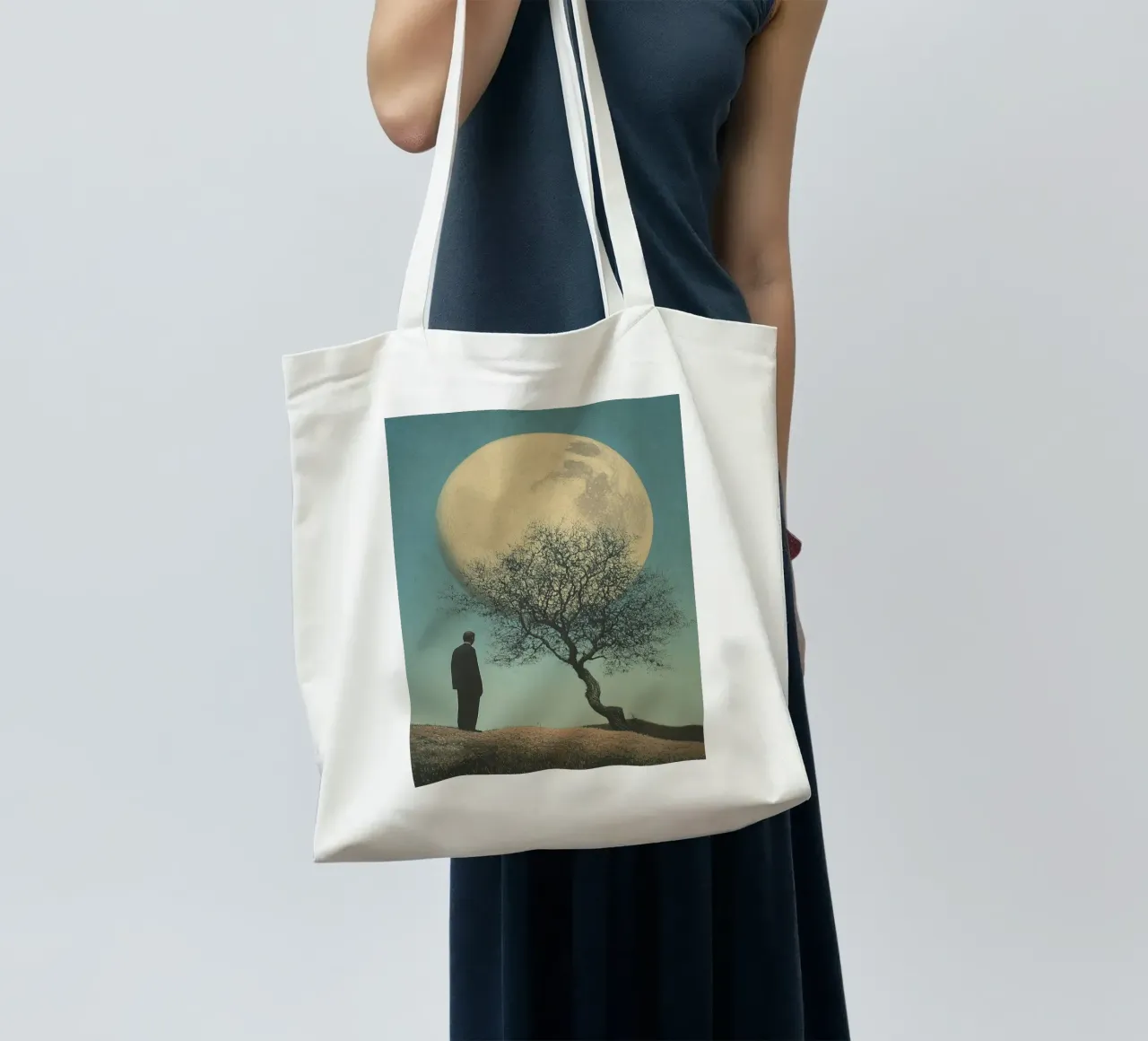 Man in front of a tree - Surrealistic pop art in retro poster style tote bag by Nikis Art Studio