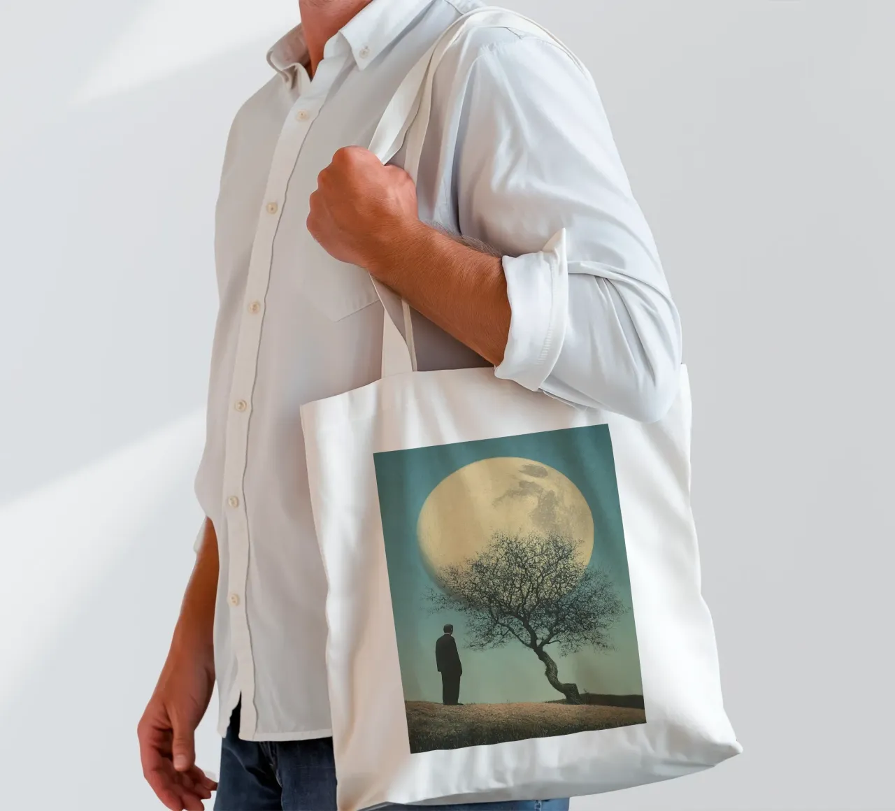 Man in front of a tree - Surrealistic pop art in retro poster style tote bag by Nikis Art Studio