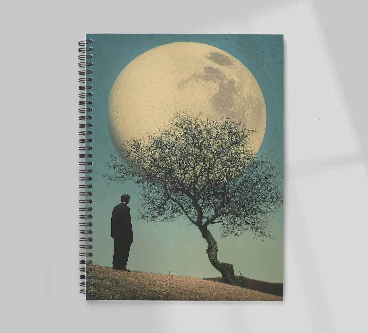 Man in front of a tree - Surrealistic pop art in retro poster style spiral notebook by Nikis Art Studio