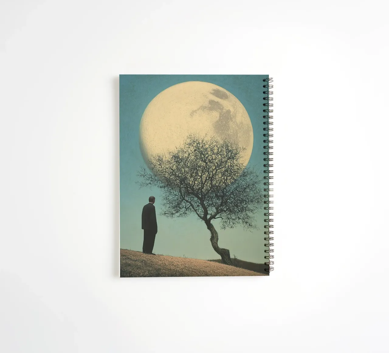 Man in front of a tree - Surrealistic pop art in retro poster style spiral notebook by Nikis Art Studio