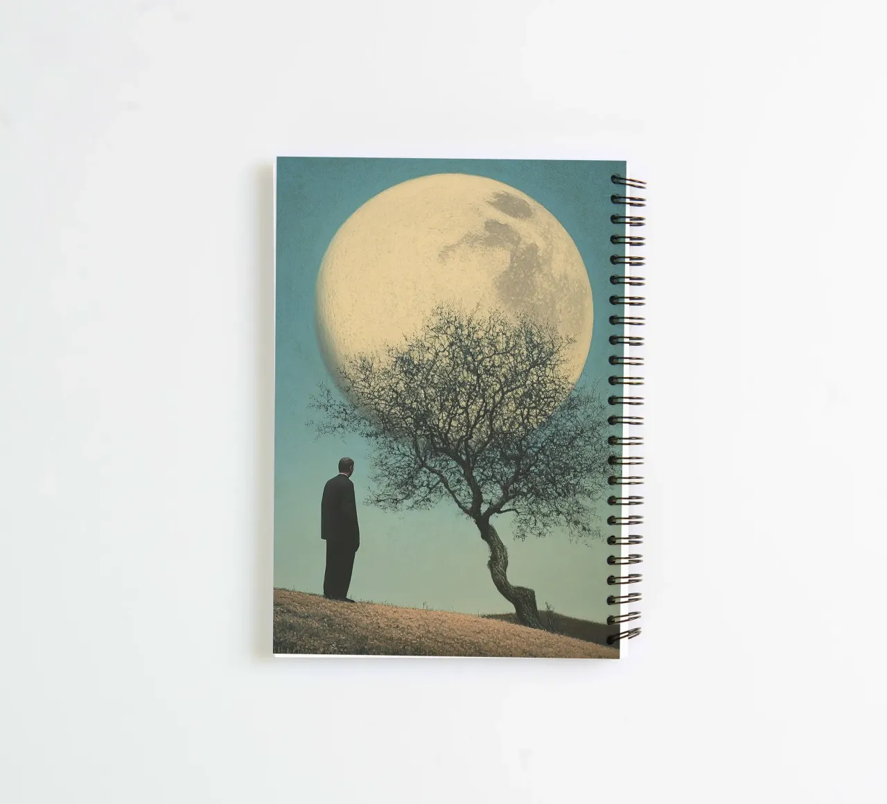 Man in front of a tree - Surrealistic pop art in retro poster style spiral notebook by Nikis Art Studio