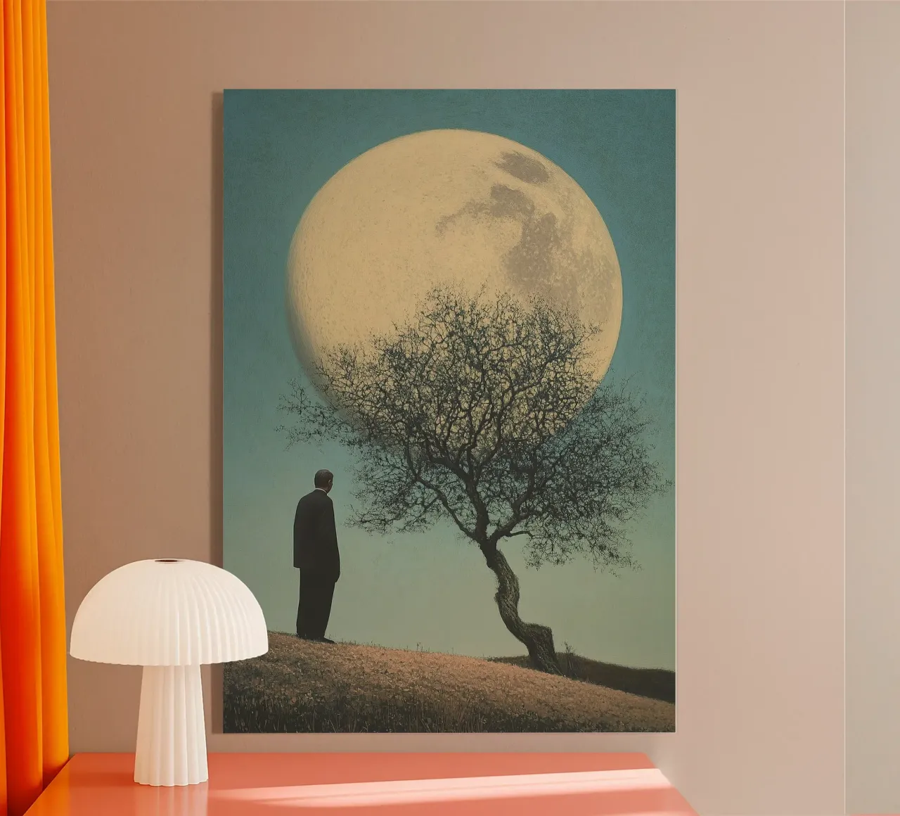 Man in front of a tree - Surrealistic pop art in retro poster style acrylic glass by Nikis Art Studio