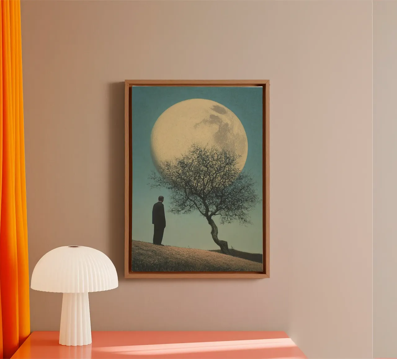 Mann vor Baum – Surrealistische Pop-Art im Retro-Poster-Stil Leinwand von Nikis Art Studio