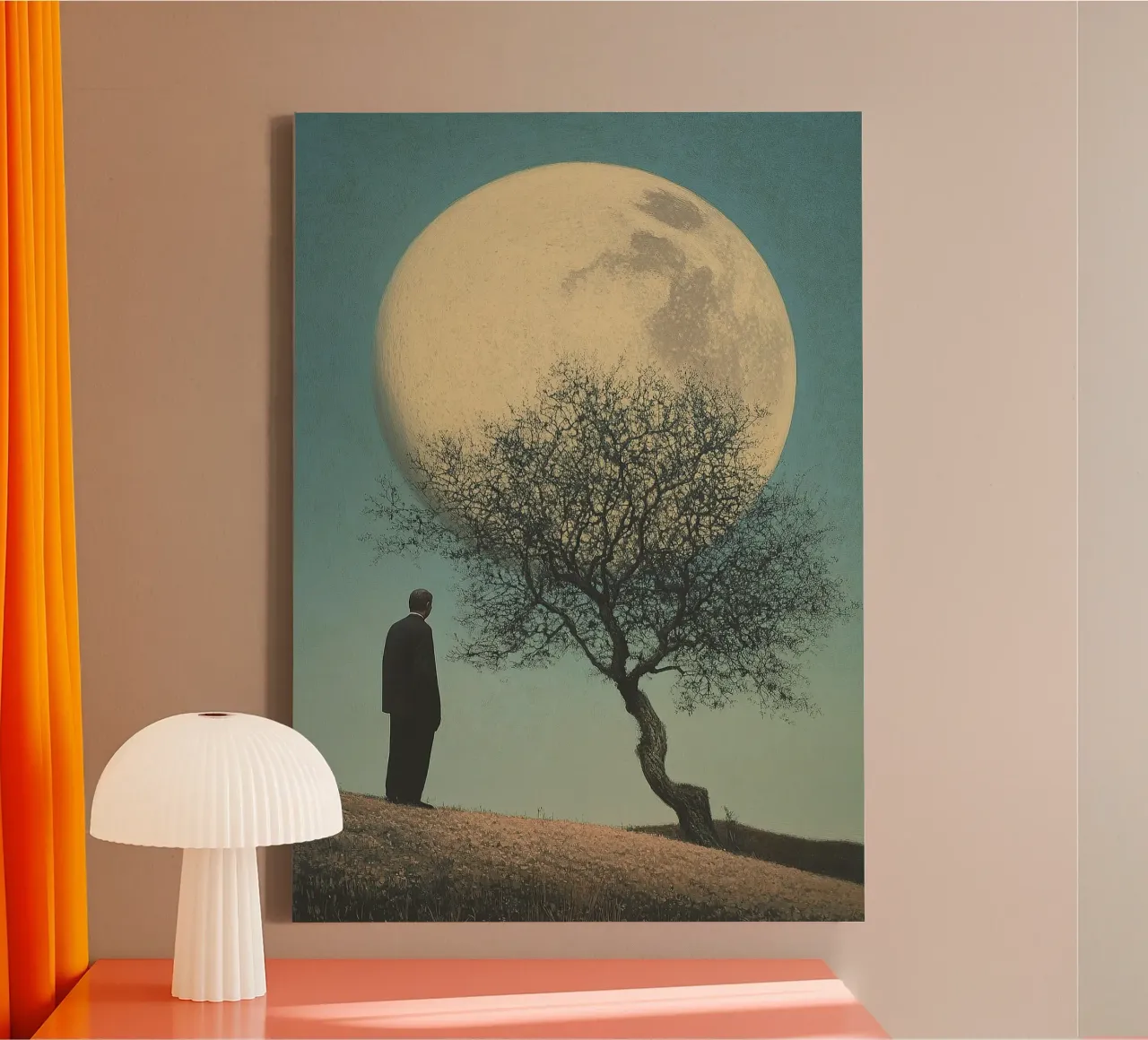 Mann vor Baum – Surrealistische Pop-Art im Retro-Poster-Stil Leinwand von Nikis Art Studio
