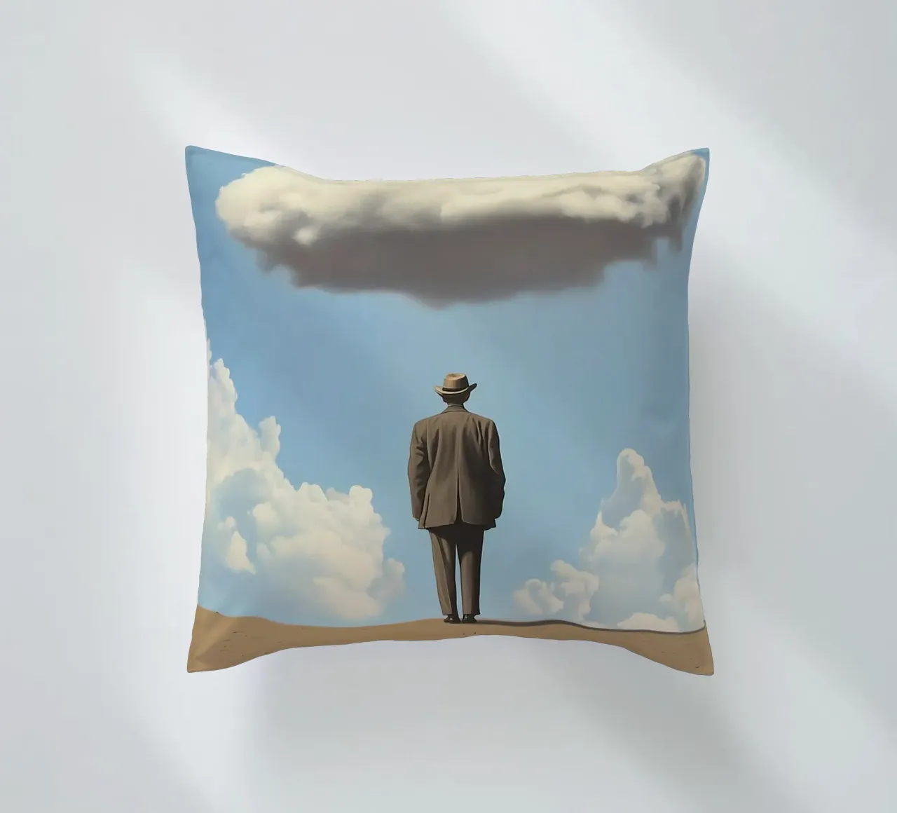 Man in the desert - Surrealistic scene with floating wo decorative cushion by Nikis Art Studio