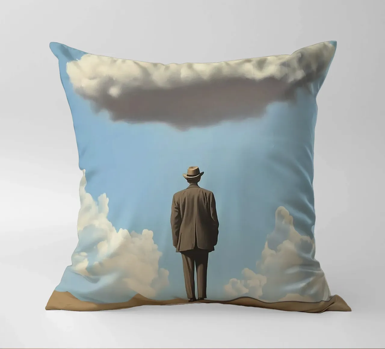 Man in the desert - Surrealistic scene with floating wo decorative cushion by Nikis Art Studio