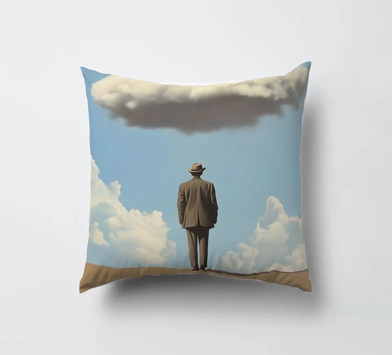 Man in the desert - Surrealistic scene with floating wo decorative cushion by Nikis Art Studio
