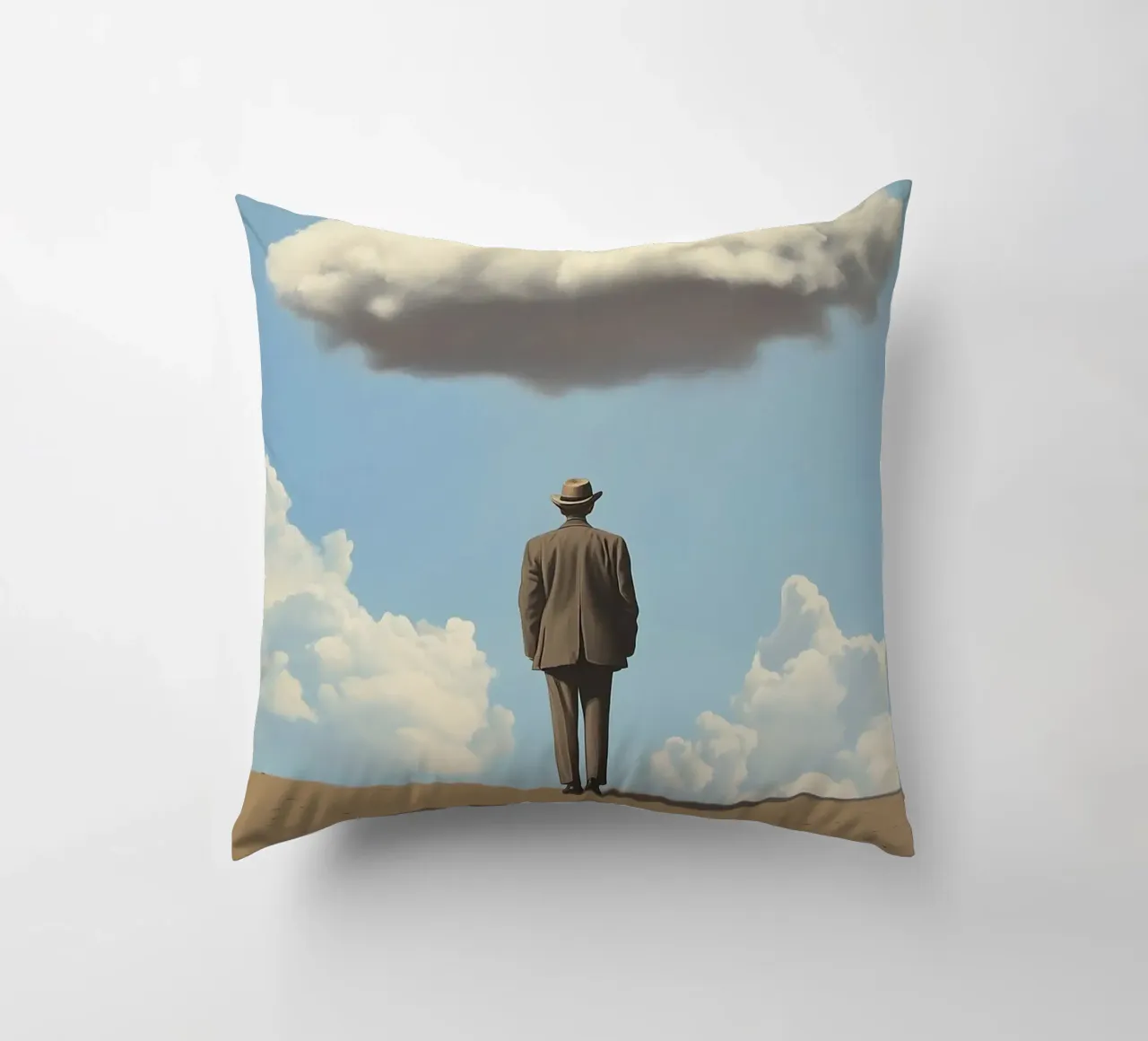 Man in the desert - Surrealistic scene with floating wo decorative cushion by Nikis Art Studio
