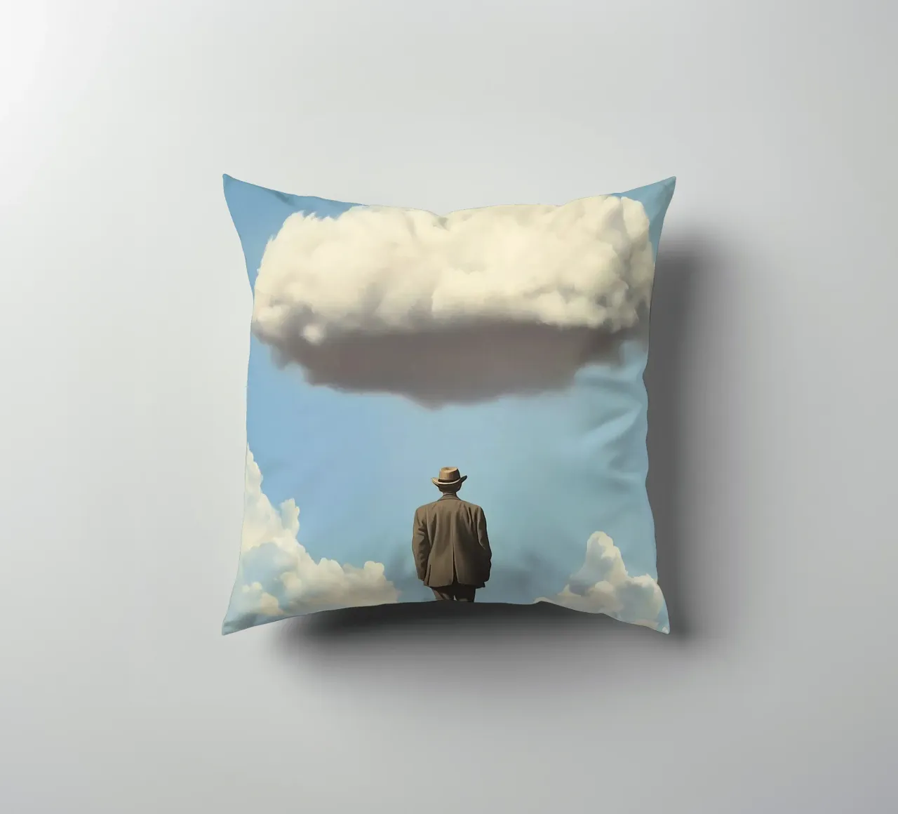 Man in the desert - Surrealistic scene with floating wo decorative cushion by Nikis Art Studio