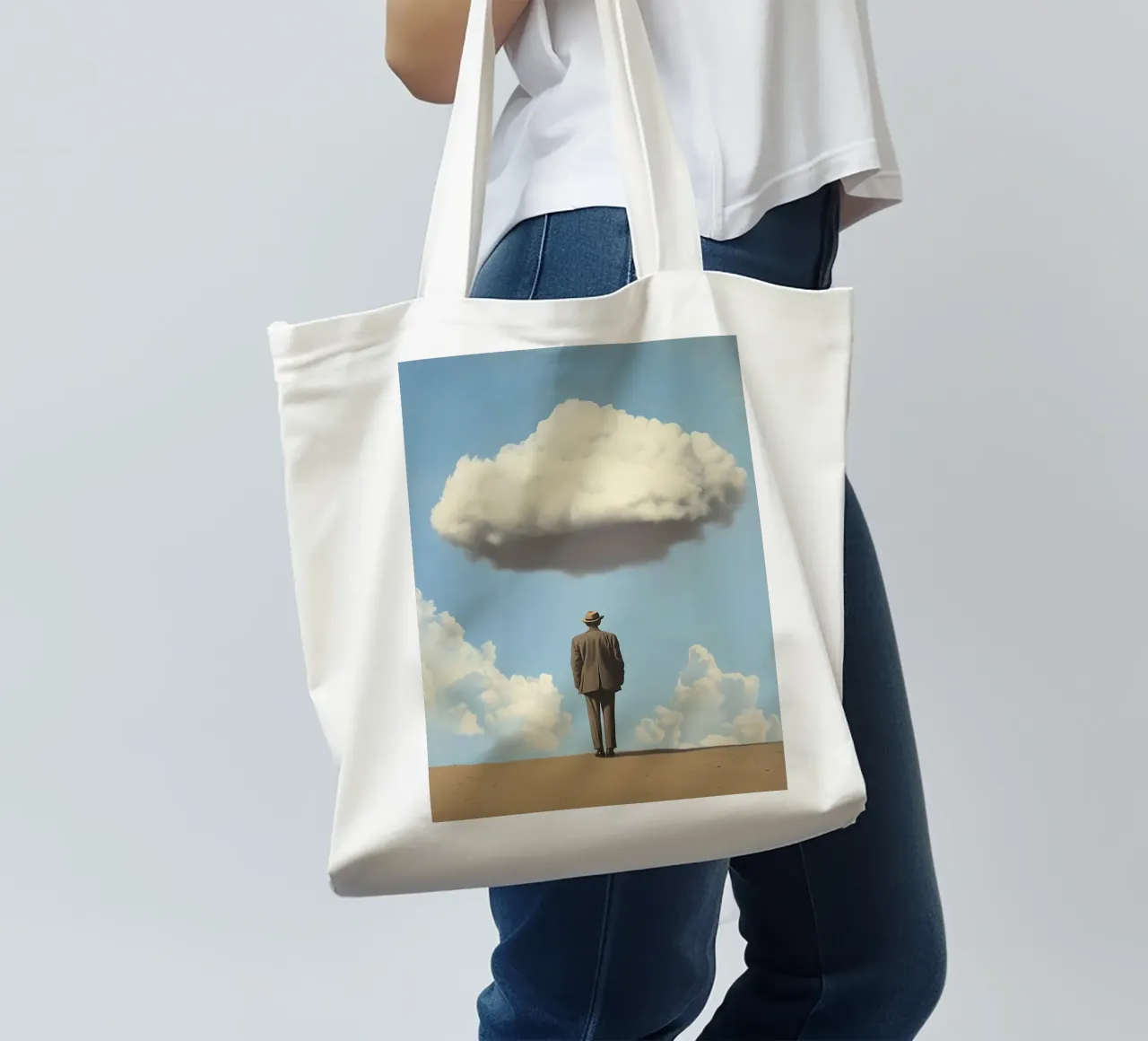 Man in the desert - Surrealistic scene with floating wo tote bag by Nikis Art Studio