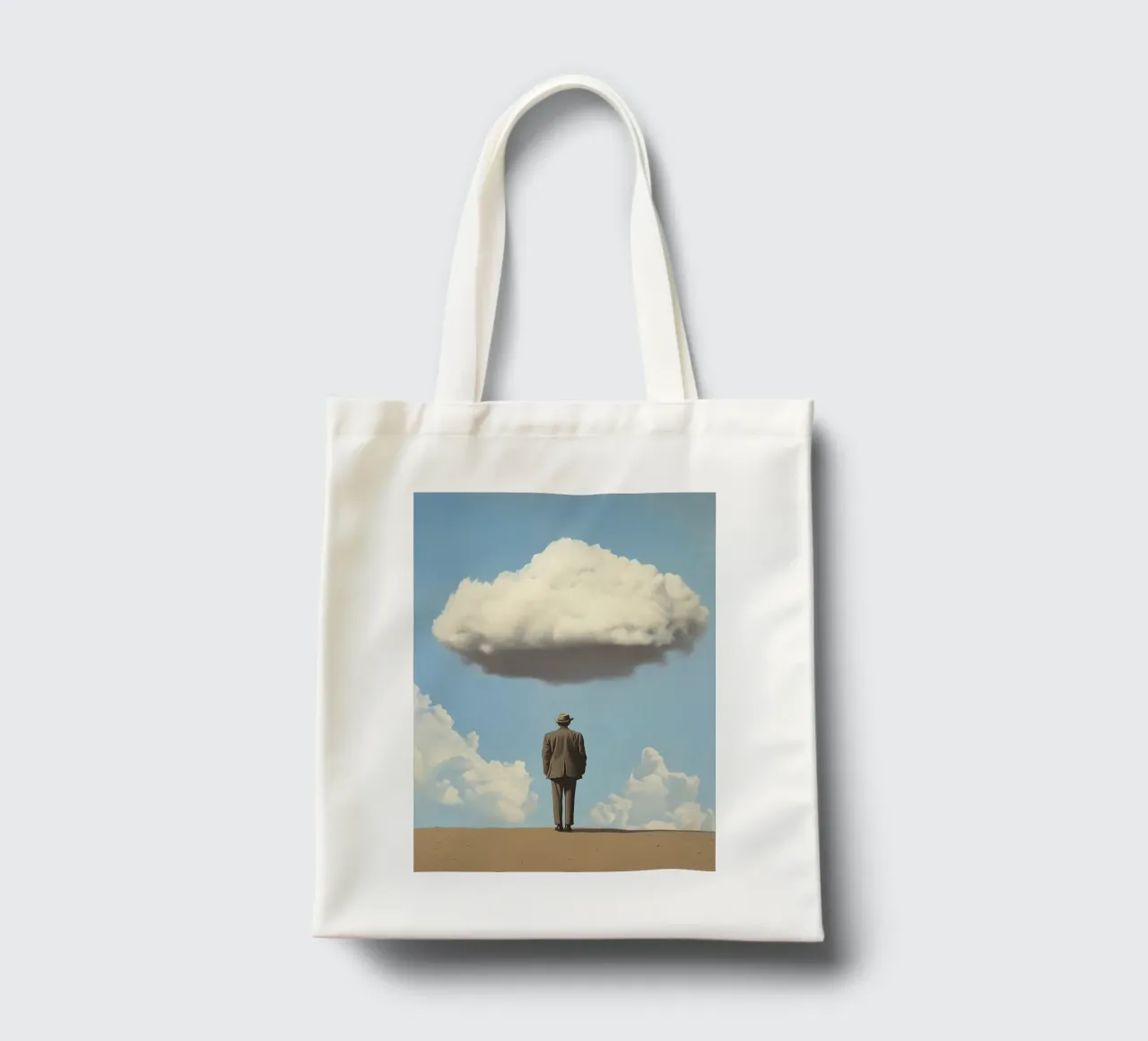 Man in the desert - Surrealistic scene with floating wo tote bag by Nikis Art Studio
