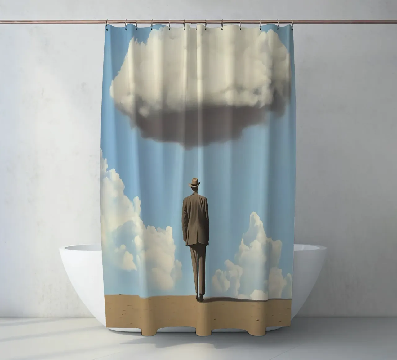 Man in de woestijn - Surrealistische scène met drijvende wo douchegordijn van Nikis Art Studio