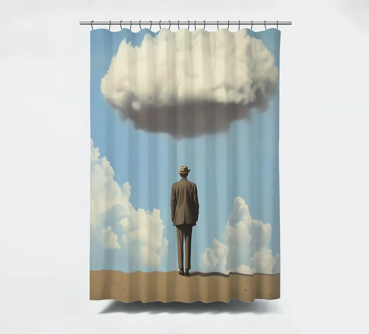Man in the desert - Surrealistic scene with floating wo shower curtain by Nikis Art Studio