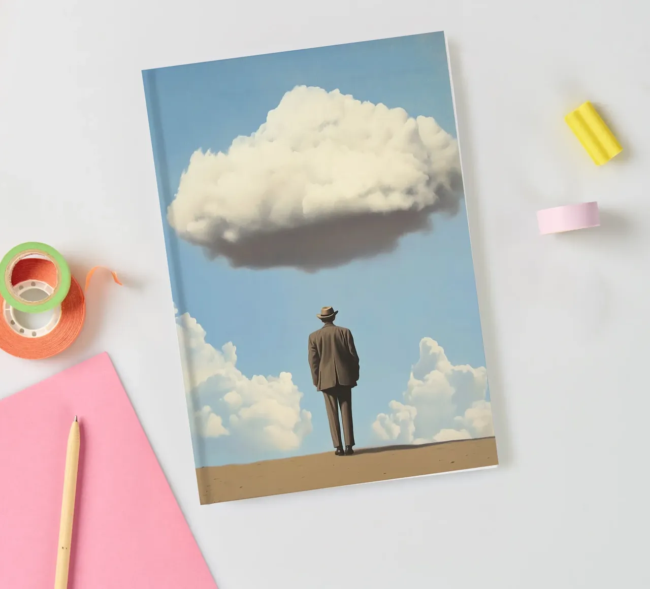 Man in the desert - Surrealistic scene with floating wo notebook by Nikis Art Studio