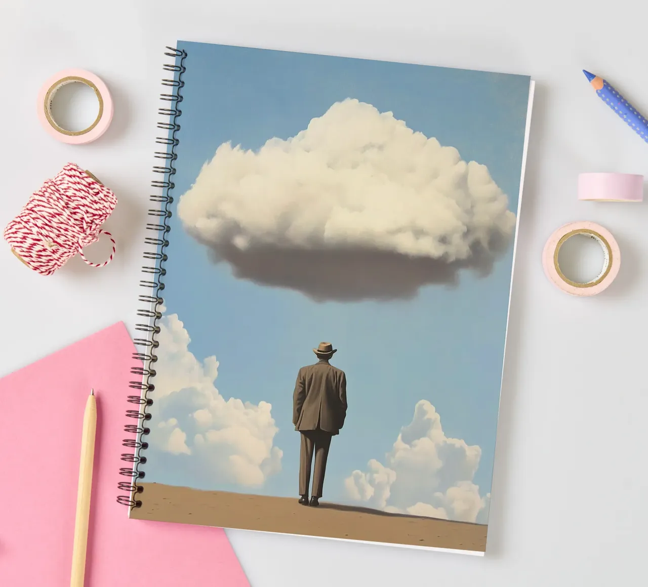 Man in the desert - Surrealistic scene with floating wo spiral notebook by Nikis Art Studio