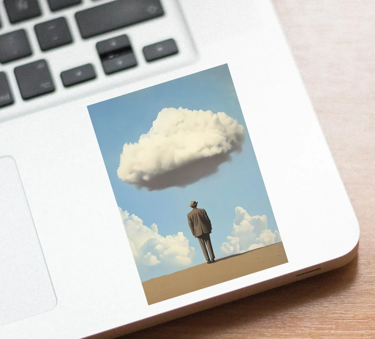 L'homme dans le désert - Scène surréaliste avec Wo flottante autocollant de Nikis Art Studio