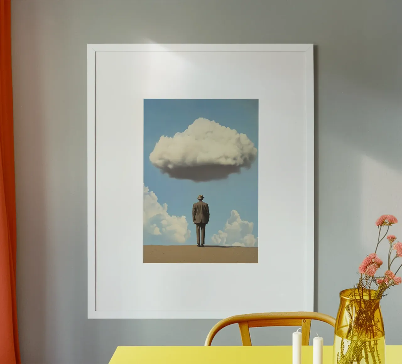 Man in the desert - Surrealistic scene with floating wo poster by Nikis Art Studio