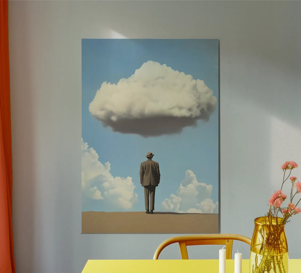 Man in the desert - Surrealistic scene with floating wo poster by Nikis Art Studio