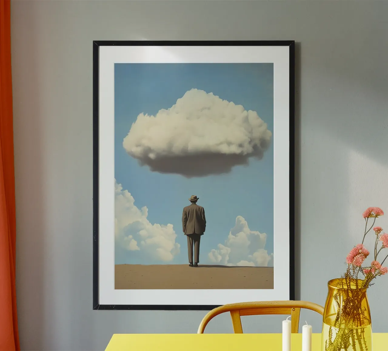 Man in the desert - Surrealistic scene with floating wo poster by Nikis Art Studio