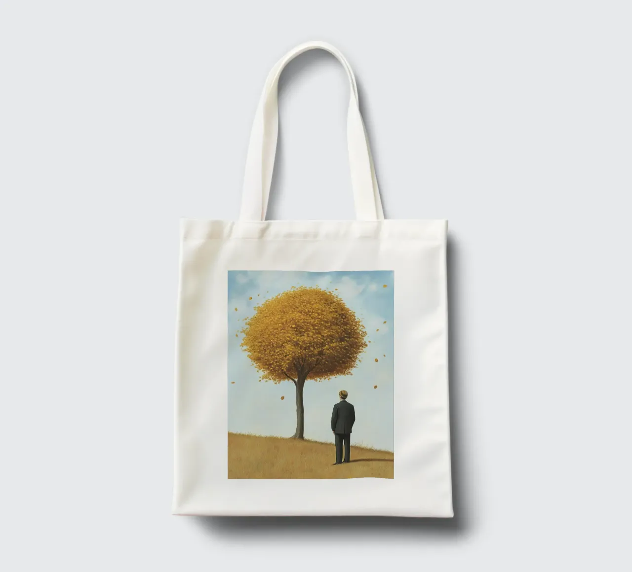 Tempo d'autunno - Un uomo sotto un albero con le foglie che cadono borsa in juta da Nikis Art Studio