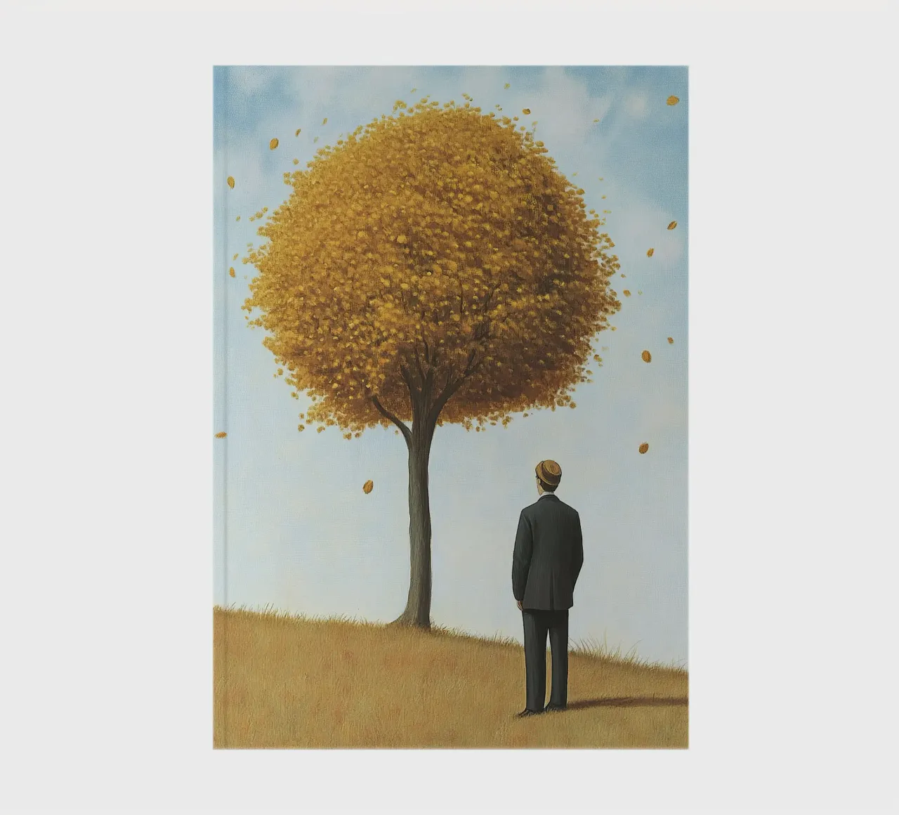 Autumn time - A man under a tree with falling leaves notebook by Nikis Art Studio