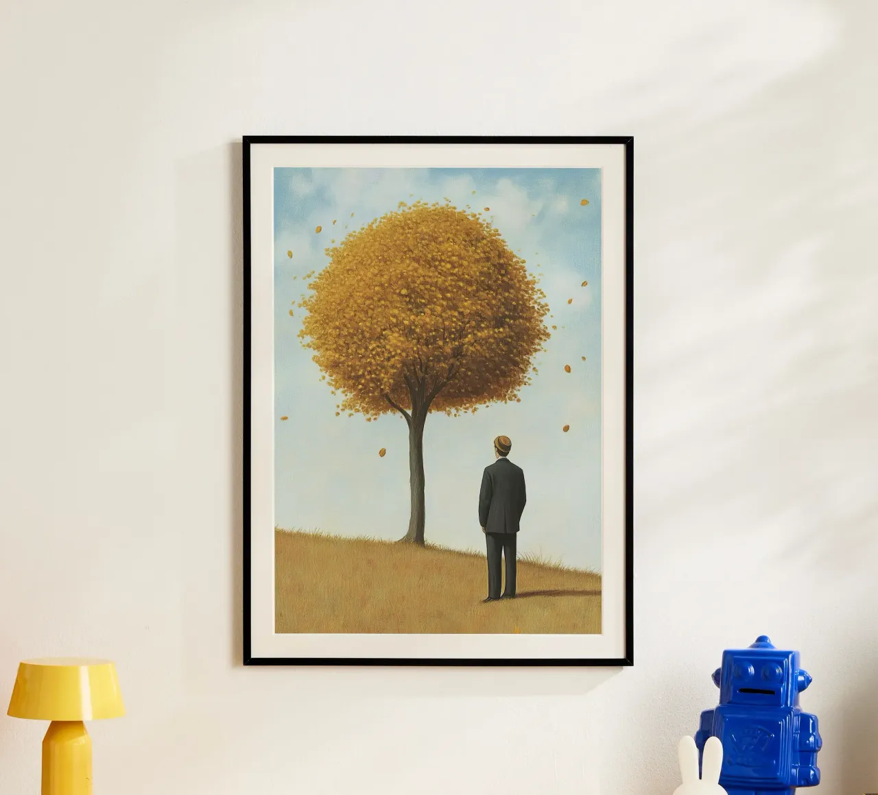 Tempo d'autunno - Un uomo sotto un albero con le foglie che cadono carta hahnemühle da Nikis Art Studio