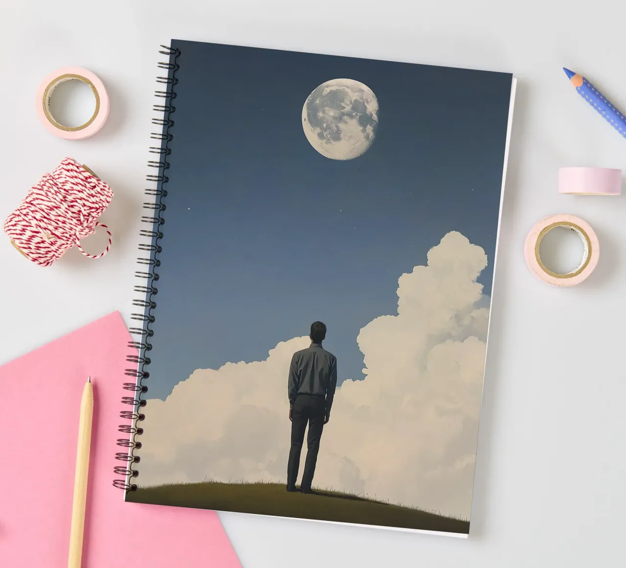 Full moon view - man in a suit on a hill spiral notebook by Nikis Art Studio