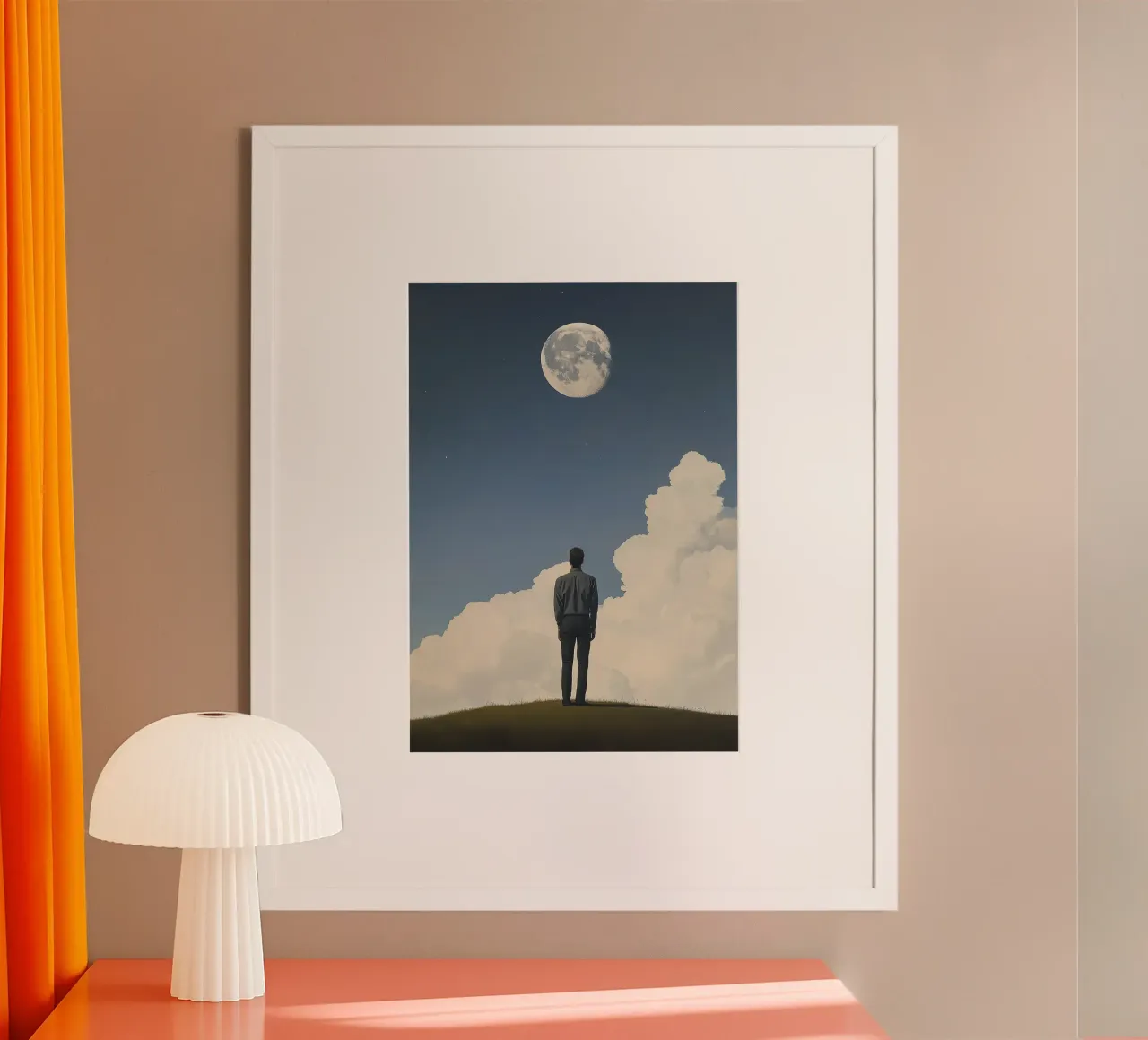 Vue de la pleine lune - homme en costume sur une colline poster de Nikis Art Studio