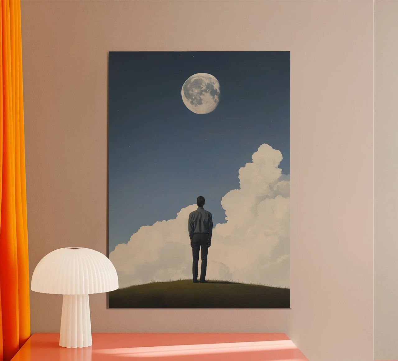 Vista della luna piena - uomo in giacca e cravatta su una collina poster da Nikis Art Studio