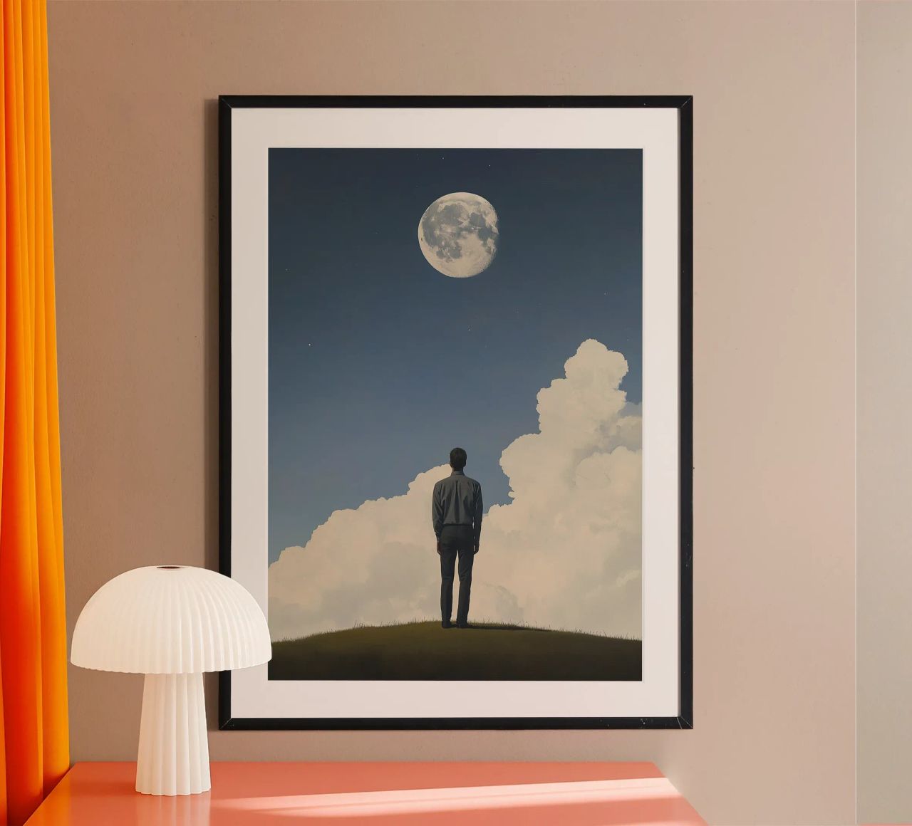 Vista della luna piena - uomo in giacca e cravatta su una collina poster da Nikis Art Studio