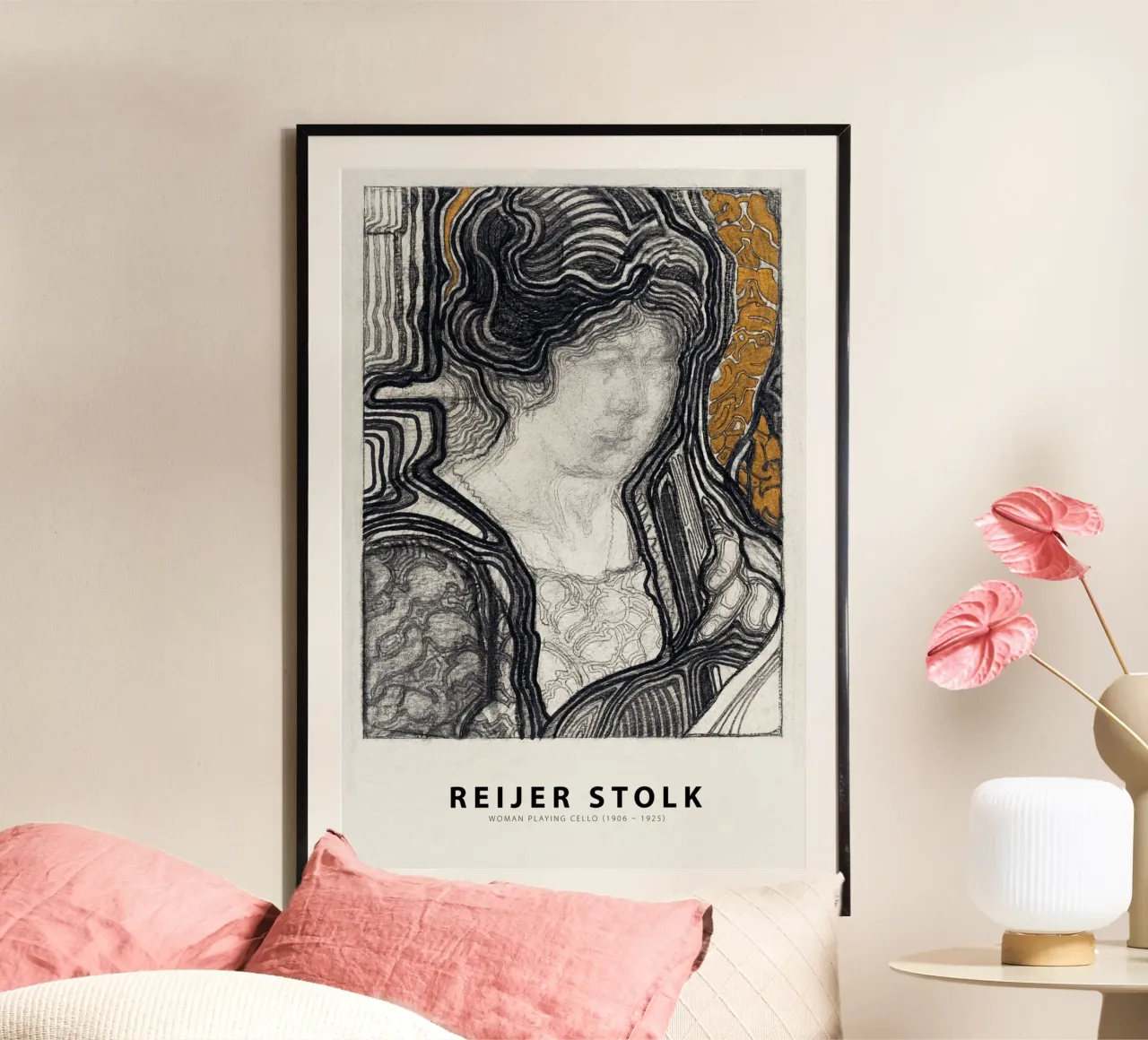 Reijer Stolk - Violoncello che suona la donna poster con telaio in plastica da Old Masters