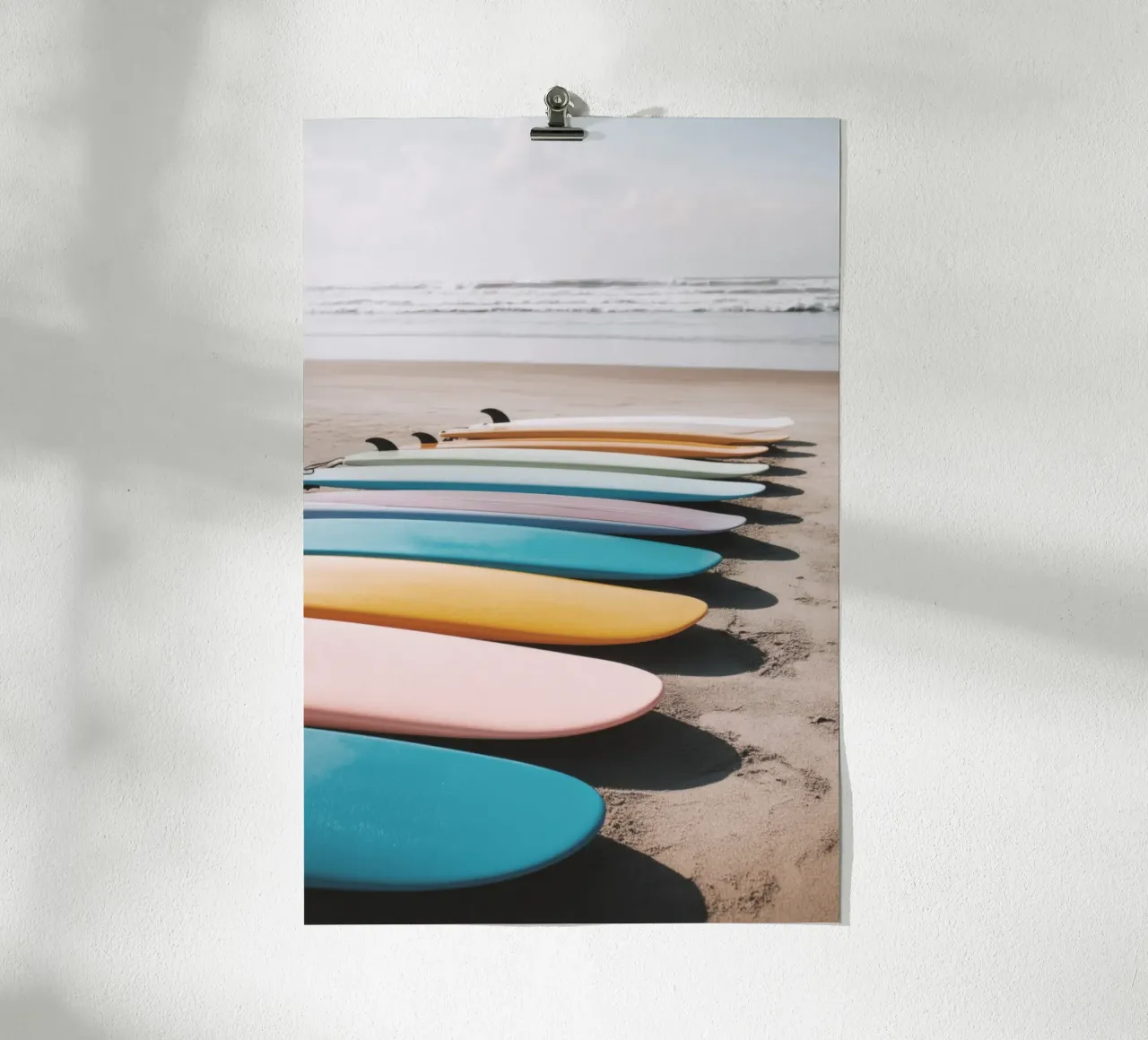 Tavole da surf colorate sulla spiaggia sabbiosa poster da Indigo Tides Art