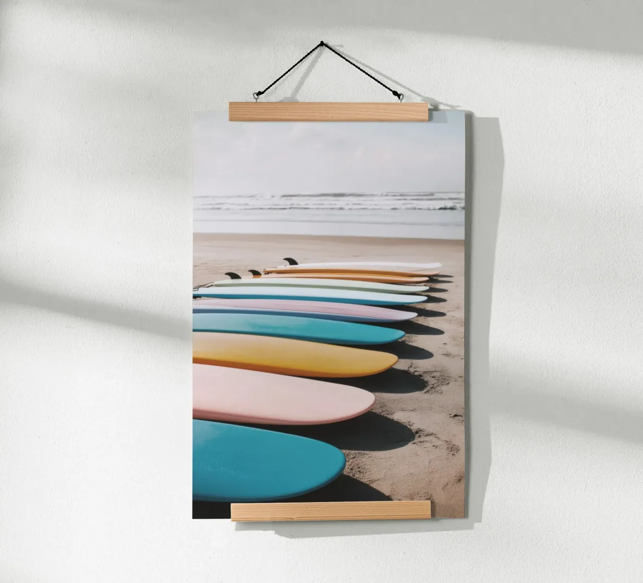 Tavole da surf colorate sulla spiaggia sabbiosa poster da Indigo Tides Art
