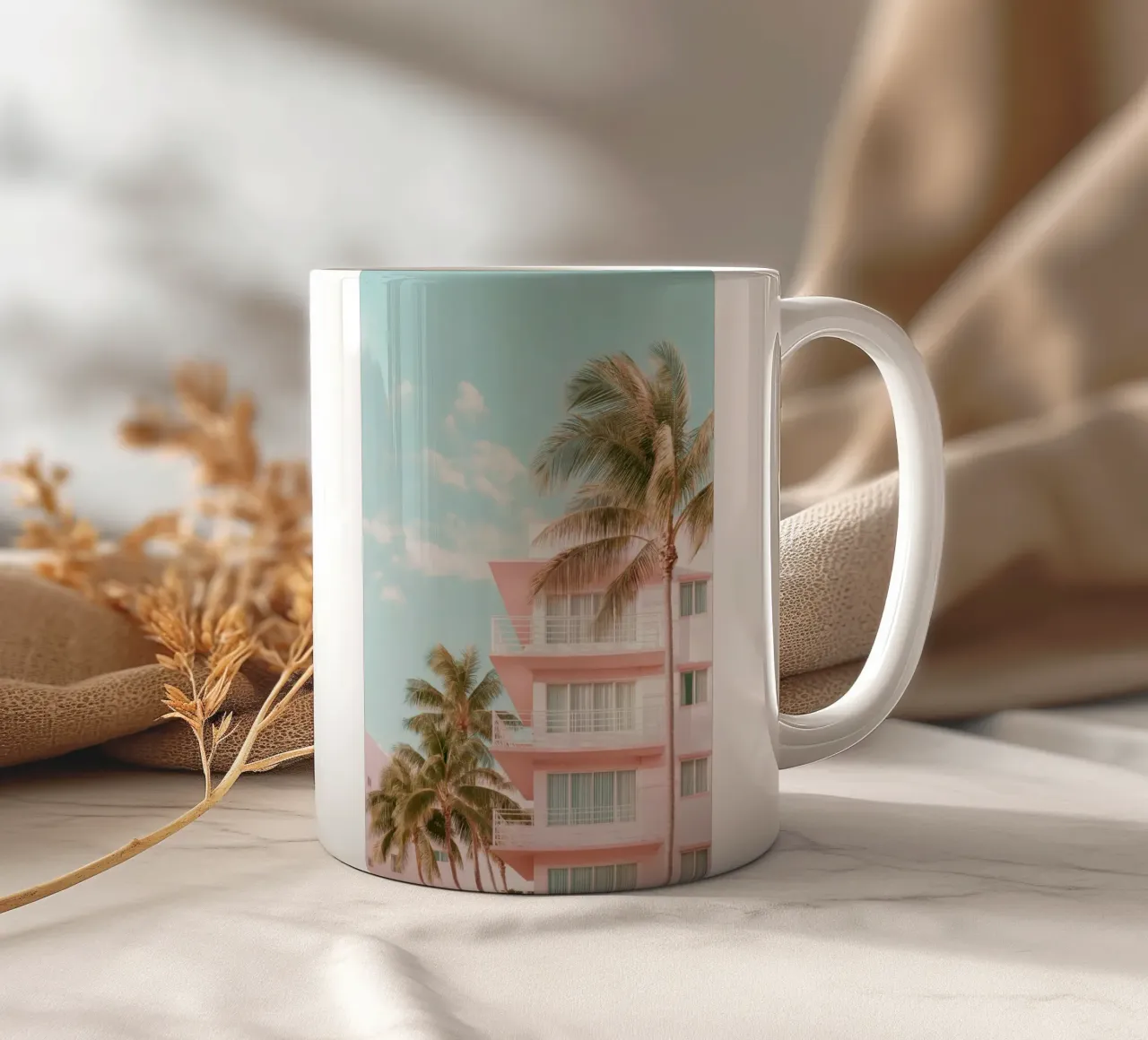 Edificio tropicale rosa pastello tazza in ceramica da Indigo Tides Art