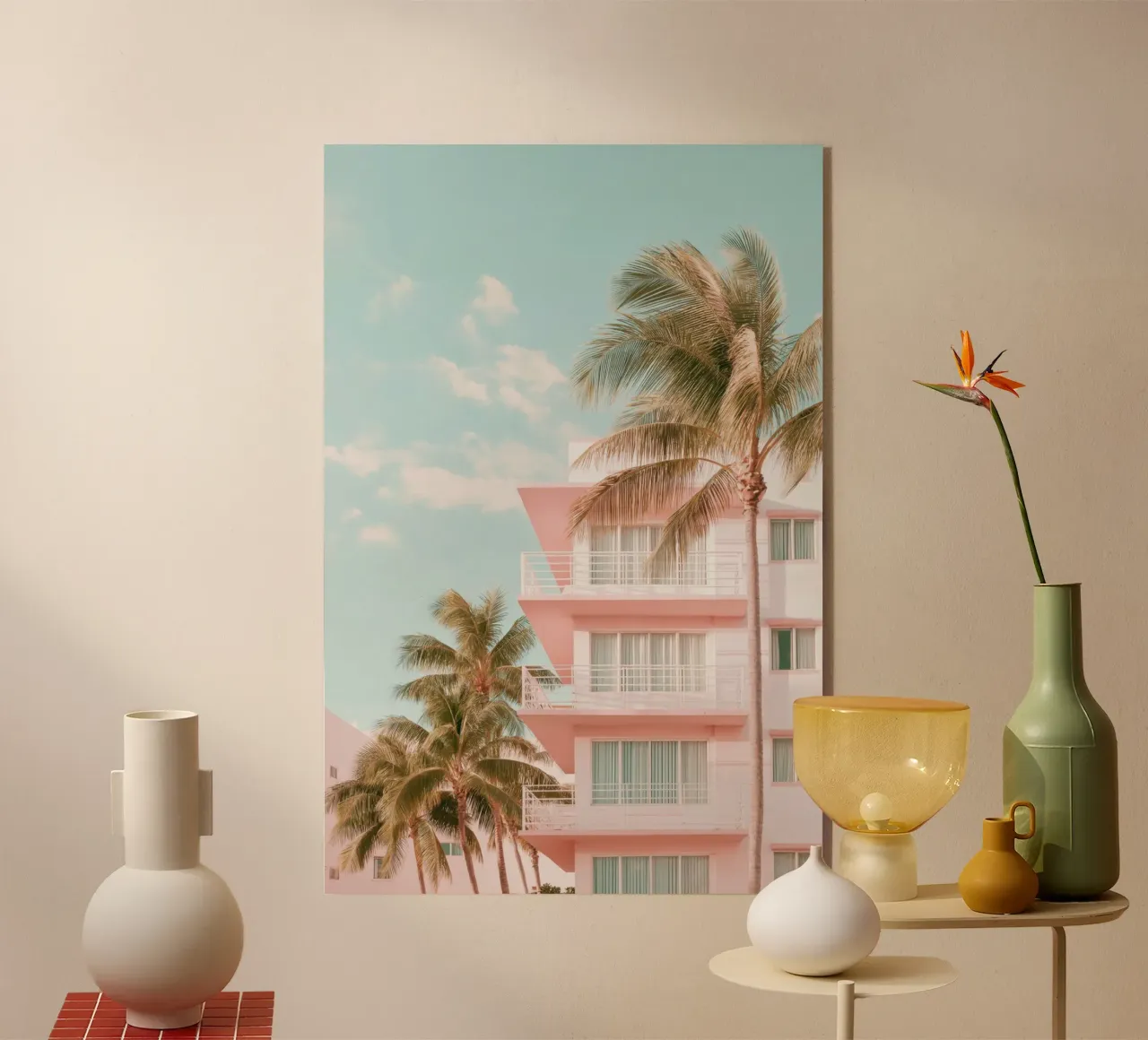 Edificio tropicale rosa pastello plexiglass da Indigo Tides Art