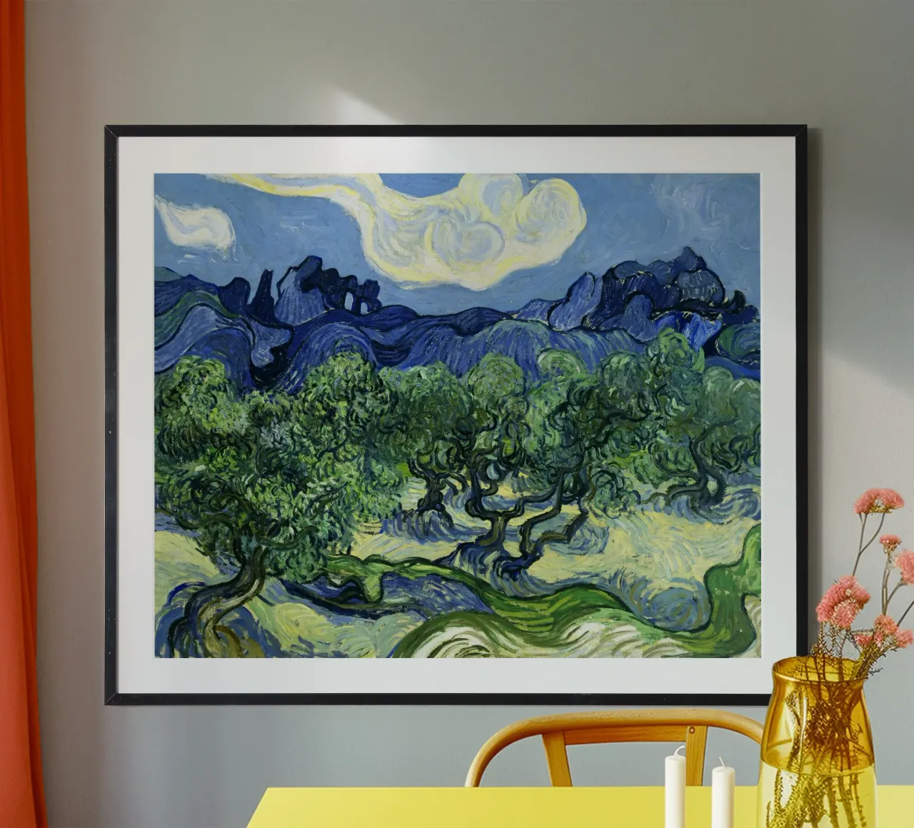 Gli ulivi di Vincent van Gogh con le Alpilles alle spalle poster con telaio in alluminio da Van Gogh Prints