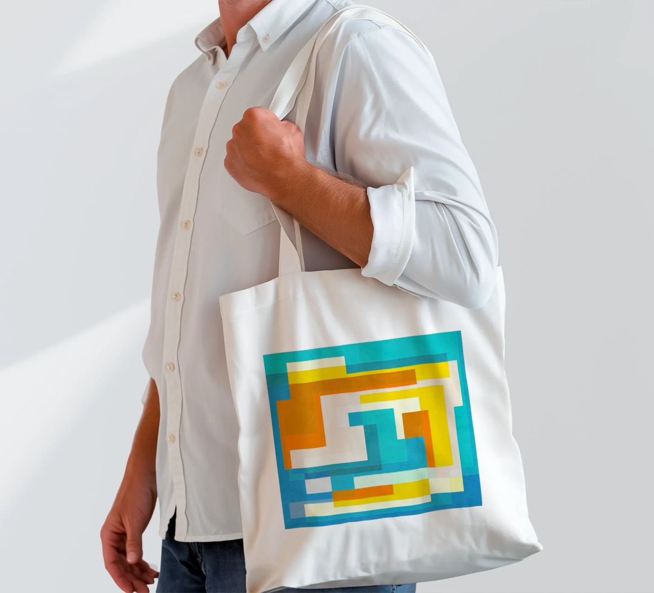 Forward - Forme geometriche astratte di colore blu verde acqua borsa in juta da lovely lines