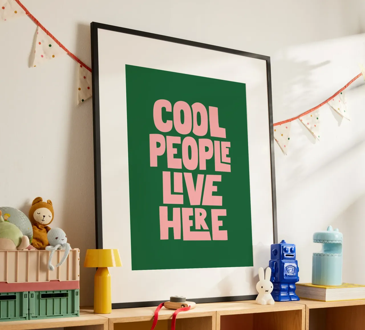 Cool People Live Here Pink Green Happy Typography Print poster with plastic frame by THE MOTIVATED TYPE