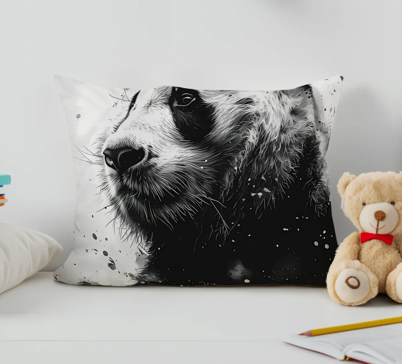 Ritratto di panda in bianco e nero acquerellato cuscino da James M Coyle
