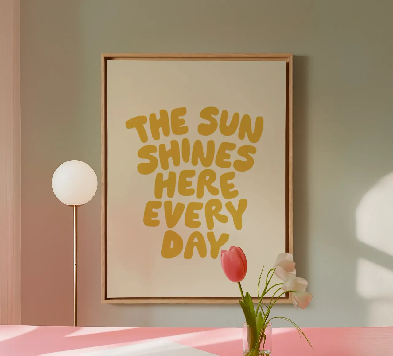 The Sun Shines Here Every Day Typography Print in Yellow canvas by THE MOTIVATED TYPE