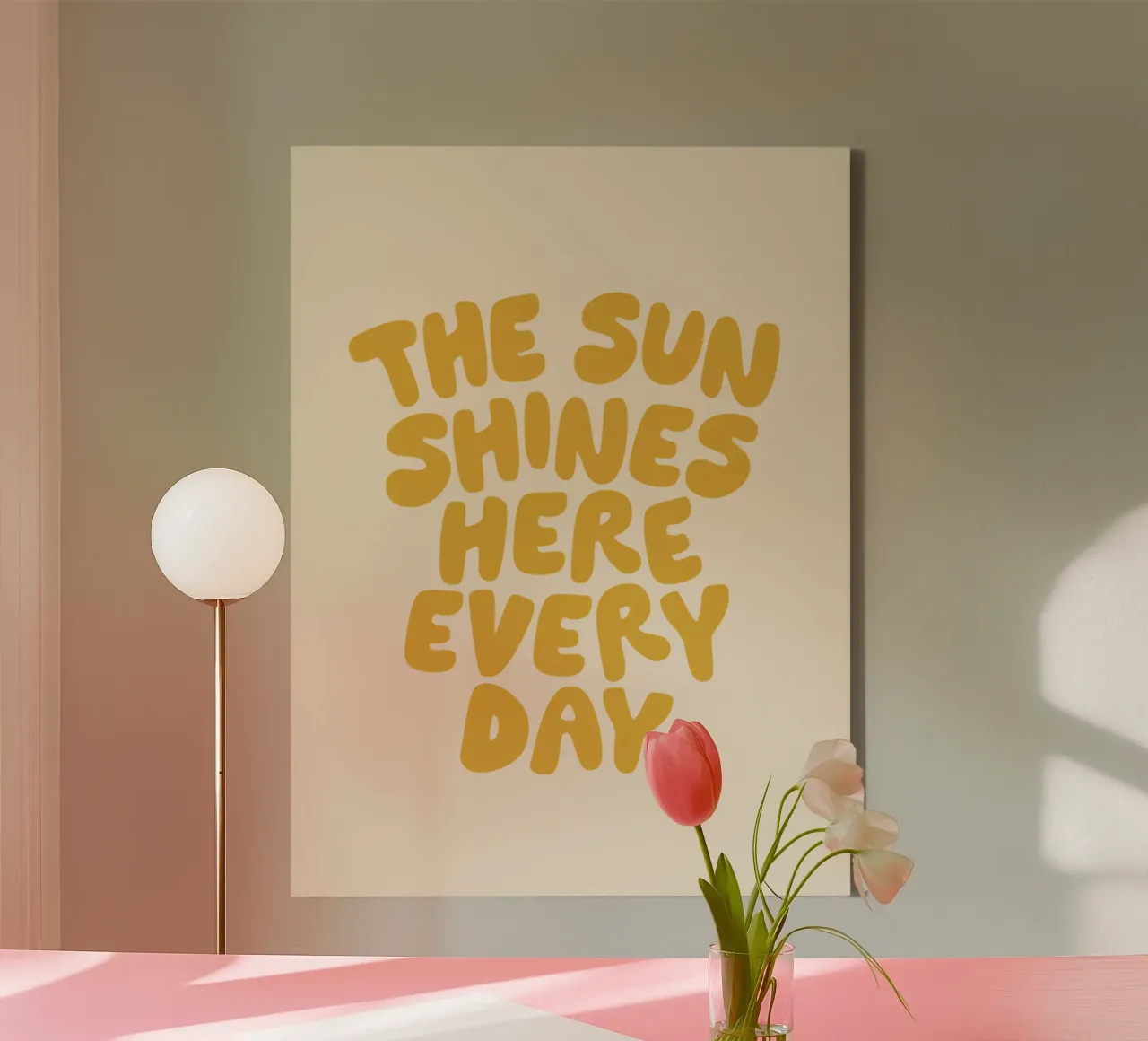 The Sun Shines Here Every Day Typography Print in Yellow canvas by THE MOTIVATED TYPE