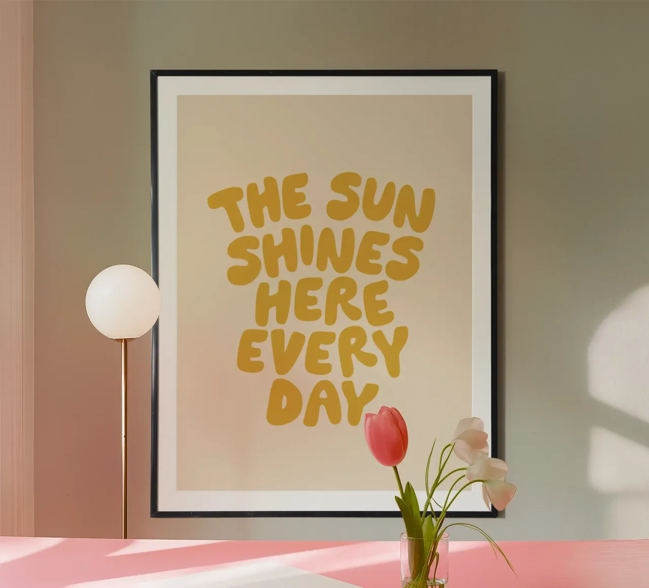 The Sun Shines Here Every Day Typography Print in Yellow hahnemühle by THE MOTIVATED TYPE