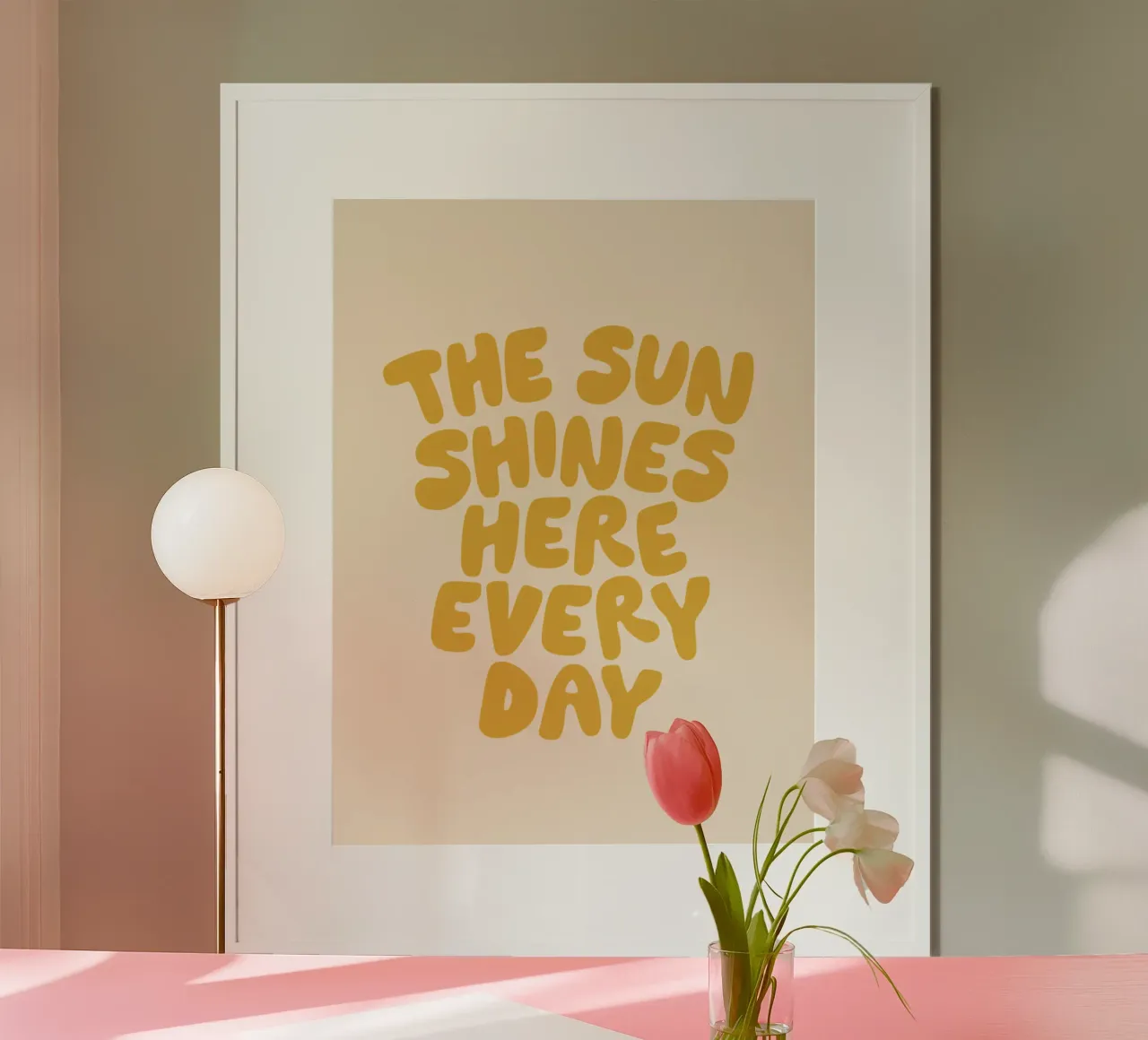 The Sun Shines Here Every Day Typography Print in Yellow hahnemühle by THE MOTIVATED TYPE