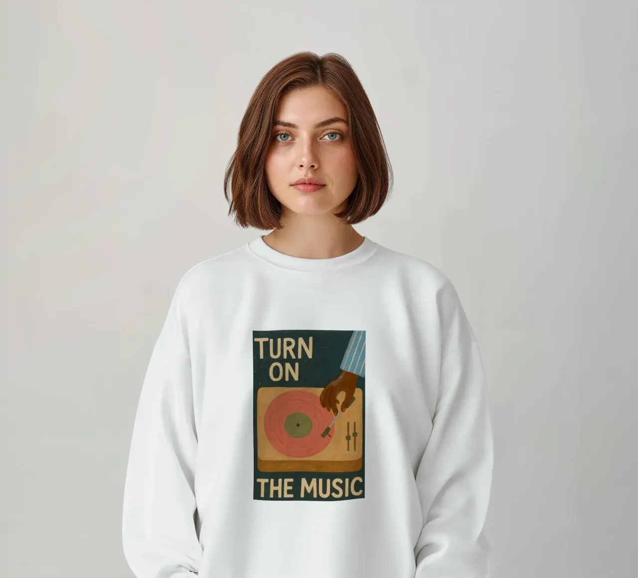 Turn On The Music - Retro music poster with record player sweatshirt by Studio Mooodz
