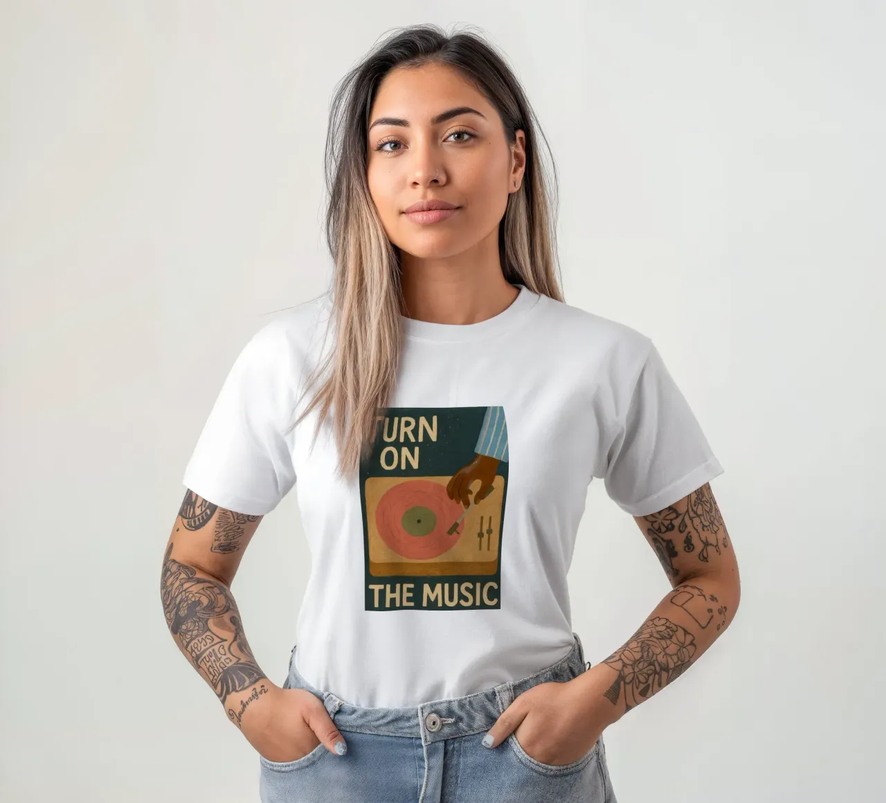 Turn On The Music - Retro music poster with record player t-shirt by Studio Mooodz