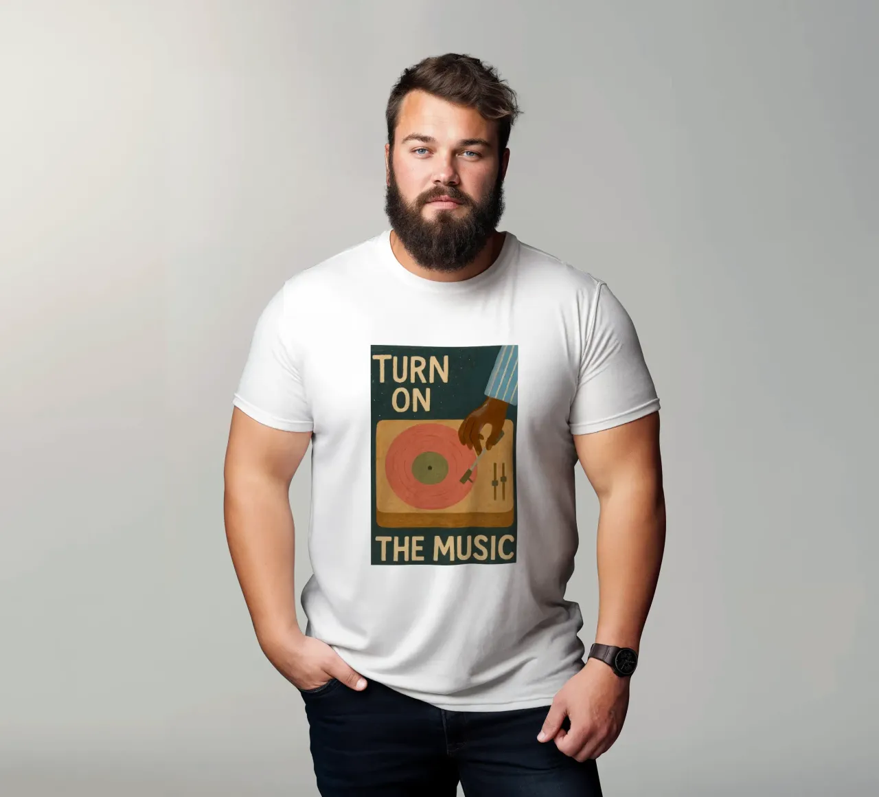 Turn On The Music - Retro music poster with record player t-shirt by Studio Mooodz