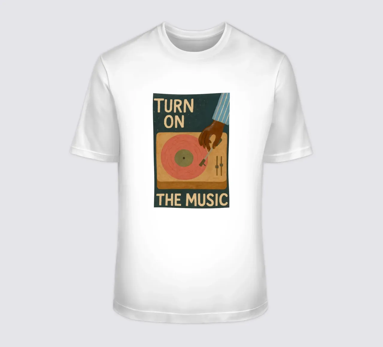 Turn On The Music - Retro music poster with record player t-shirt by Studio Mooodz