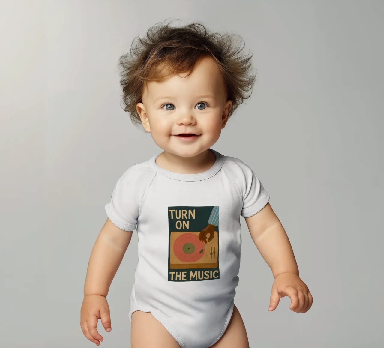 Turn On The Music - Retro music poster with record player short-sleeve baby romper by Studio Mooodz